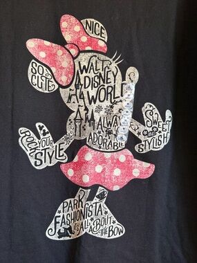 100% Cotton Disney Black Tee with White Minnie Silhouette and Pink Bow Accent